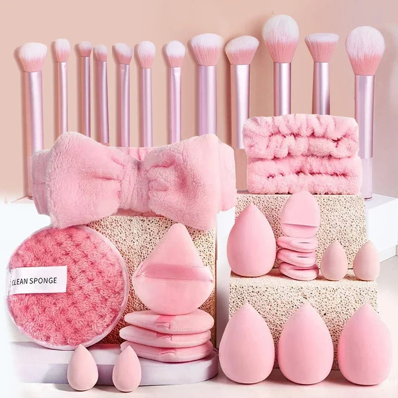 Makeup Brushes and Sponges Set, Pink Makeup Puff, Beauty Egg, Headband, Wristband Remover Kit, Makeup Tool, Gift 20-32pcs